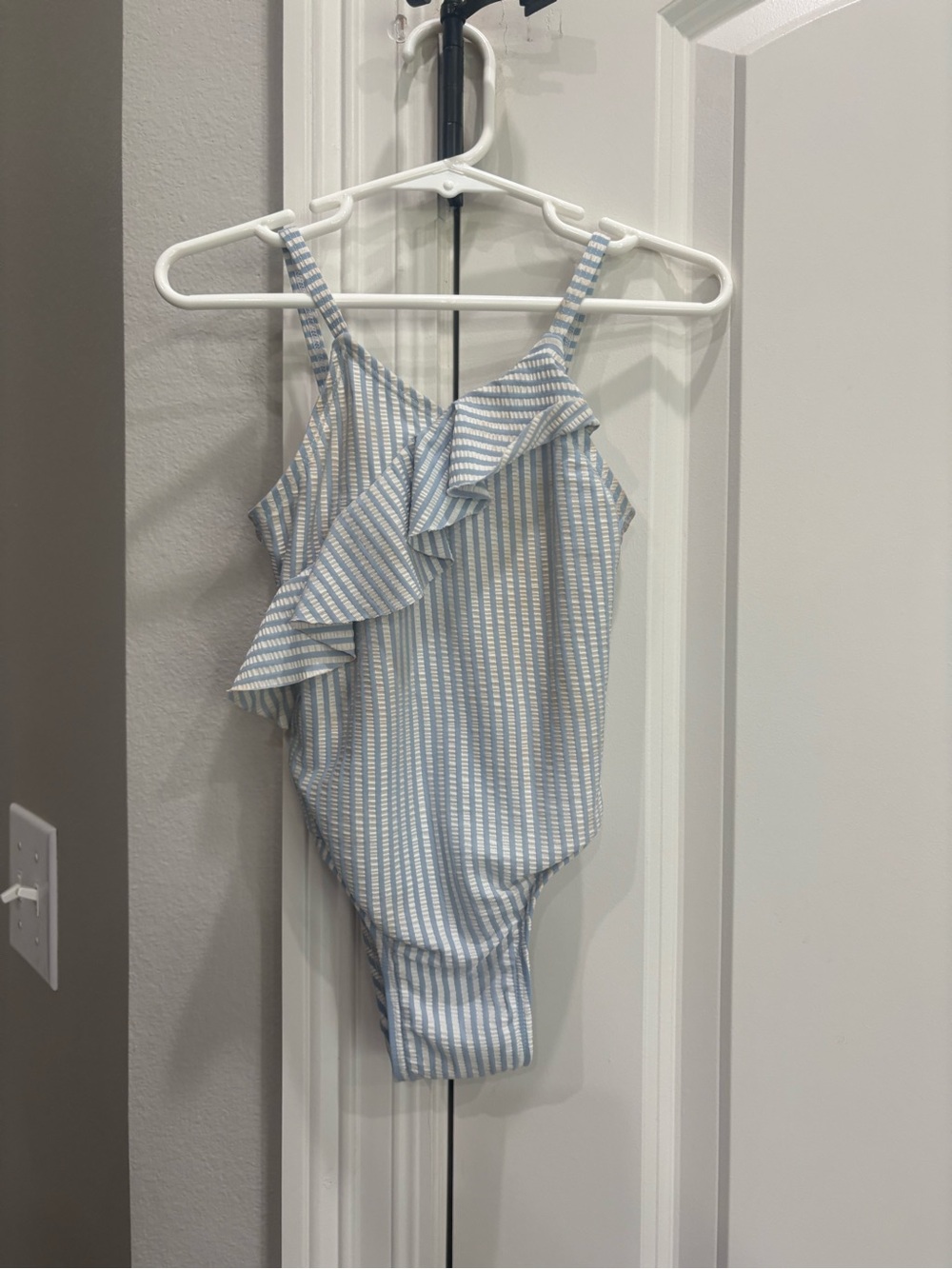 Old Navy blue and white vertical stripe one piece swimsuit 4t FUC due to stain